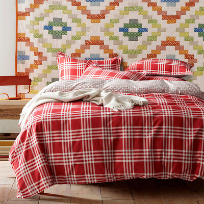 

Ying Xin home textiles washed cotton four sets of simple cotton striped lattice bed sheets quilt bed four sets of apply 15 18 m bed sky blue grid