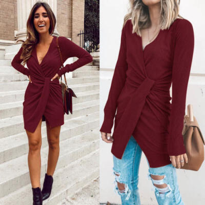 

Winter Women Solid V-Neck Sweater Long Shirt Casual Long Sleeve Pullover Dress