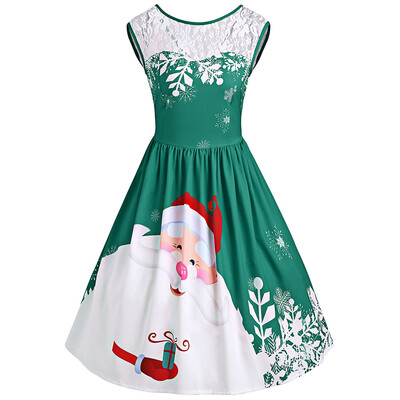

Christmas Lace Insert Santa Claus Print Party Dress