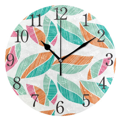 

Wall Clock Arabic Numerals Design Wood Texture Decorative Leaves Round