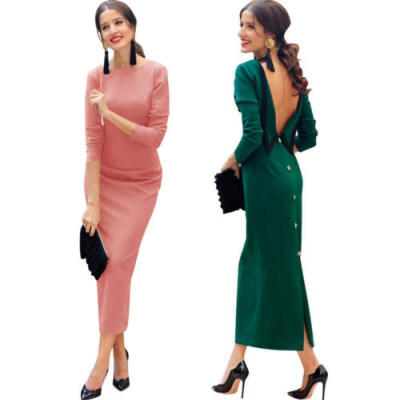 

UK Womens Long Sleeve Slim Fit Pencil Midi Dress Ladies Business Work Dresses