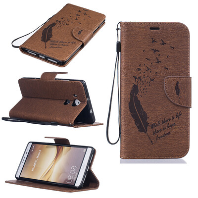 

coffee Feathers and birds Style Embossing Classic Flip Cover with Stand Function and Credit Card Slot for HUAWEI Mate 8