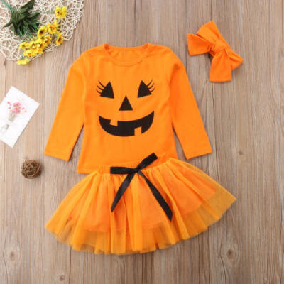 

Newborn Baby Girl Pumpkin 3PCS Clothes Shirt Top Tulle Skirts Halloween Outfits