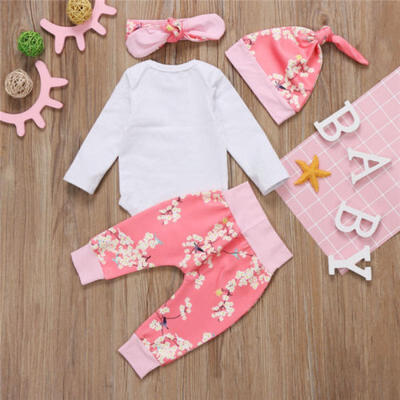 

US Seller Newborn Baby Girl Flower Romper Pants Leggings Hat 4Pcs Outfit Clothes