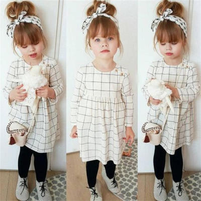 

Toddler Kids Baby Girl Cartoon Plaid Cotton Long Sleeve Dress Outfits Clothes