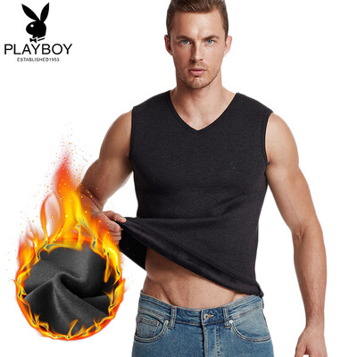 

Playboy warm vest men thickening plus velvet warm shirt mens wide shoulders V-neck black