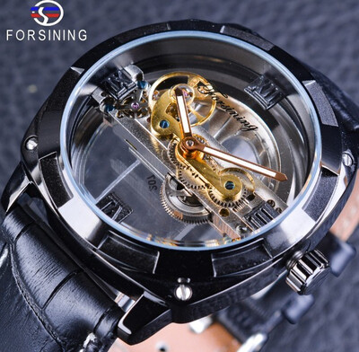 

Forsining Official Exclusive Sale Double Side Transparent Steampunk Design Automatic Watch for Men Sport Watch Genuine Leather