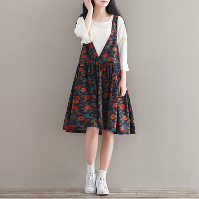 

CITYPLUS Arts Fan Fu ancient cotton&linen printed vest loose large yards dress wild CWQZ172470 possession of blue
