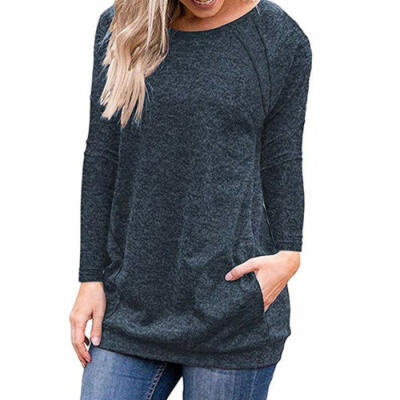 

Womens Autumn Long Sleeve Round Neck Pullover Blouse Tops T Shirt Casual Pocket