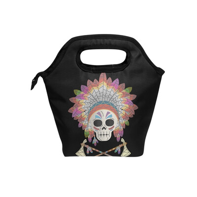 

Lunch Bag Bohemia Feather Skull Tote Travel Picnic Insulated Handbags Portable Zipper Lunch Bag Box
