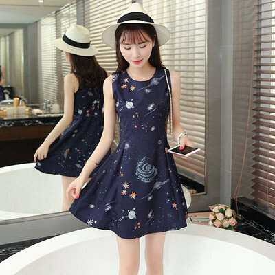 

VIVAHEART Корейский тонкий без рукавов Юбка Pattern Печать Шифон One Piece Женский VWQZ173331 Navy L