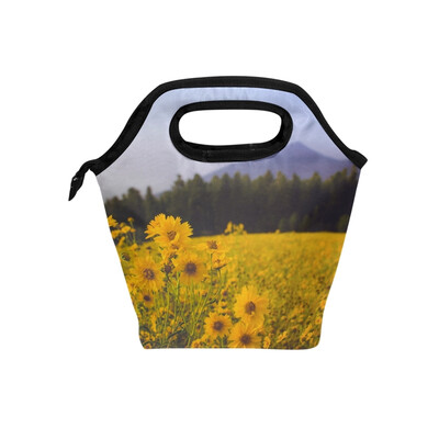 

Lunch Bag Yellow Flower Tote Travel Picnic Insulated Handbags Portable Zipper Lunch Bag Box