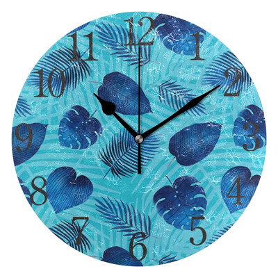 

Wall Clock Arabic Numerals Design Blue Leaves Round
