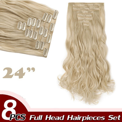

17" Curly Hair Full Head Clip in Hair Extensions Synthetic 8 Piece 18 Clips Hairpiece Long Wave Trendy Design for Women
