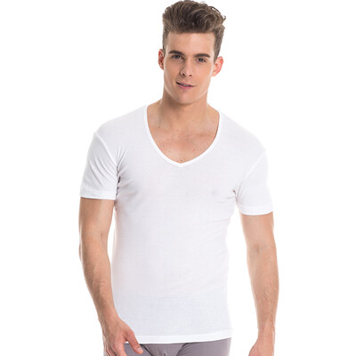 

Three guns home service Shu skin cotton ribs stretch V-neck short-sleeved shirt 2 white white 2XL