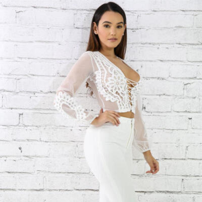

Women Mesh Fishnet See-through Long Sleeve Crop Top Ladies Casual T Shirt Blouse