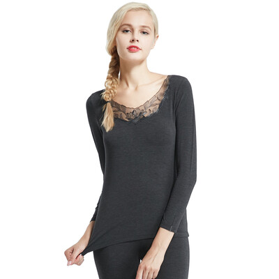 

Modal V-neck lace Qiuyi Qiuku womens mens velvet high-elastic fever base warm underwear set hemp black