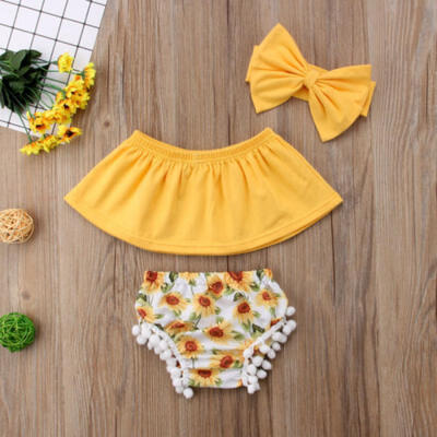 

Newborn Kid Baby Girl 3pcs Clothes Shorts Headband Off Shouler Tops Outfit AU