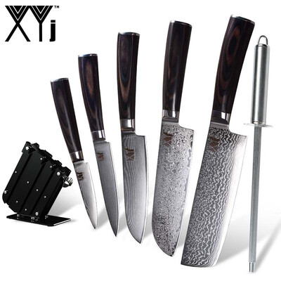 

XYj Damascus Knife 5 Piece Damascus Kitchen Knife 73 Layers Damascus Steel Knife Black Knife Holder Sharpener Bar