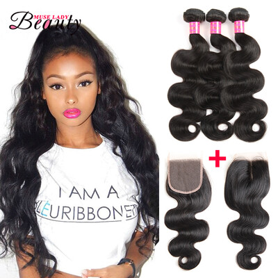 

Muse Lady Beauty Unprocessed Brazilian Virgin Hair With Closure 3 Bundles Brazilian Body Wave Hair Bundles With Lace Closures