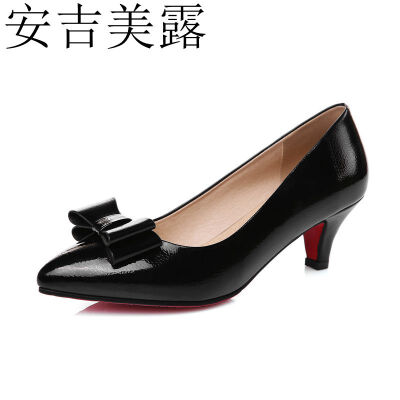 

安吉美露2017春季新款浅口蝴蝶结中跟牛筋底单鞋女大小码黑色白色酒店职业工作鞋31-43