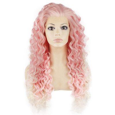 

Long Curly Pink White Mix Synthetic Lace Front Costume Party Wig