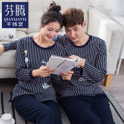 

Qian line art autumn Korean couple men&women pajamas long-sleeved striped cartoon home service suit Q563154 Po Lan - male XL