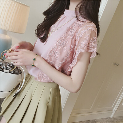 

sustory ladies 2017 spring pure color lace hook flowers hollow stitching t-shirt self-cultivation head pink short-sleeved chiffon shirt female SU049 white M