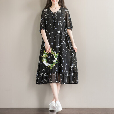 

City Plus CITYPLUS Art dew Phillips Round Collar Printed Lotus Floral Drawings Dress CWQZ173165 Black Print L