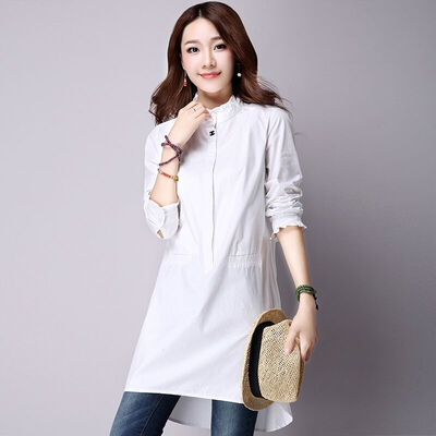 

JIANZHI JIANZHI 2017 Autumn Cotton Dresses Sen Department of loose loose large cotton semi-high collar ladies temperament long sleeves dress B8501 white M