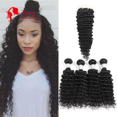 

Peruvian Virgin Hair With Closure 4 Bundles 7A Peruvian Virgin Hair Deep Wave With Closure Cheap Human Hair With Closure