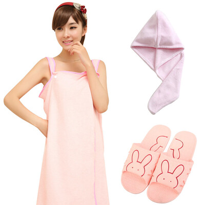 

Green reed bath 3 sets of Variety bath towel skirt suction dry hair cap bath napkin slippers 38-39 yards pink