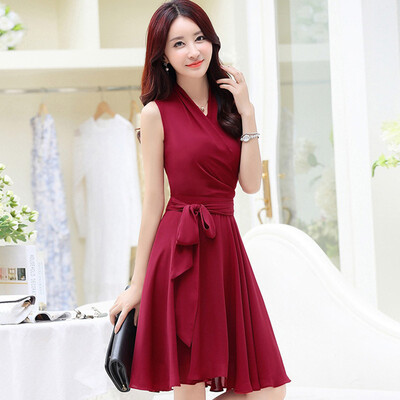 

A morning 2017 Korean version of the skirt female fashion waist was thin large size sleeveless V-neck yarn dress summer S62A0077A3S wine red