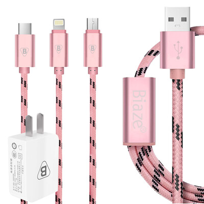 

BIAZE 5V 2A charger one drag three mobile phone data cable 12 m rose gold interface Apple Andrews Type-c support iPhone8 7 millet Huawei M2 K6