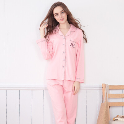 

Red beans home Hodohome couple pajamas women autumn soft cotton knitted lapel long sleeve home service suit shrimp red 170 92A