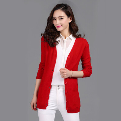 

MAZOE classic fashion wild V-neck solid color long paragraph knitted cardigan Z1109 big red