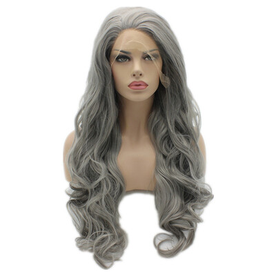 

Long Wavy Gray Hand Tied Lace Front Synthetic Wig