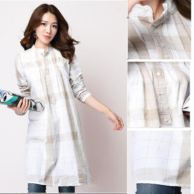 

Buenos Ninos Womens Plaid Cotton Large Size Long-sleeved Shirt Casual Simple Blouse