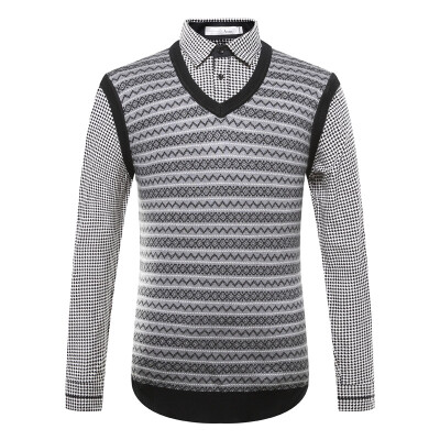 

Aston Men Business Fashion Knit Striped Fake Two Long Sleeve Shirt Black 170 /  A14416231