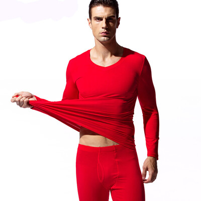 

Han Cai HACAI Mens Thermal Underwear Thin V-neck Modal Cotton Thermal Underwear Set Red 175\100 XL