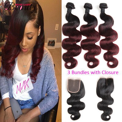 

Muse Lady Beauty Brazilian Human Hair Body Wave Virgin Hair Extension T1B99J Color 100 Human Hair Weaves 3 Bundles with Closure