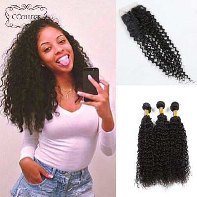 

8A Brazilian Hair With Closure 3 Bundles Brazilian Kinkly Curly With Closure Unprocessed Virgin Hair Ccollege Hair Products