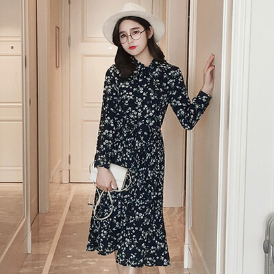 

Longyue Women Floral Slim Long Sleeve Dress Butterfly Tie With Waist Pleated Skirt Long Long Skirt LWQZ172118 Blue