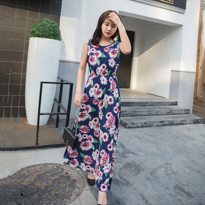 

KuoyiHouse KuoyiHouse 7323 17 years new Korean version of the long section of the round neck sleeveless suit dress female tight waist cotton long skirt cents on the 13th green leaf safflower M