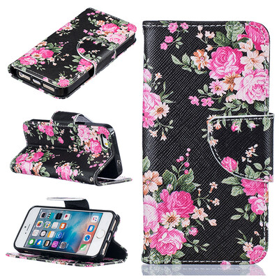 

Black flowers Design PU Leather Flip Cover Wallet Card Holder Case for IPHONE 55S5SE