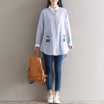 

CITYPLUS Wensheng Wristline Striped Embroidery Loose Large Size Shirt Dress CWQZ172350 Blue Striped