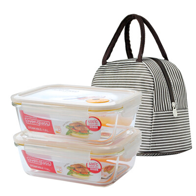

Loctite buckle with steam hole glass crisper microwave oven lunch box glass bowl lunch box lunch box two sets of LLG861T * 2 sent striped lunch bag 950ml * 2