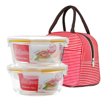 

Loctite buckle with steam hole glass crisper microwave oven lunch box glass bowl lunch box lunch box two sets of LLG861T * 2 sent striped lunch bag 950ml * 2
