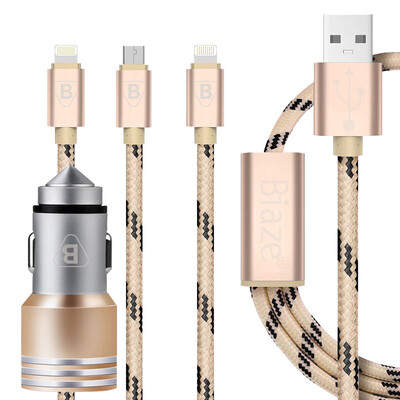 

BIAZE MC6 двойной USB / 2.4A автомобильное зарядное устройство + тройной (Apple × 2 Эндрюс × 1) мобильный телефон кабель для передачи данных K7 1,2 м золото для iPhone6s / Plus просо Huawei