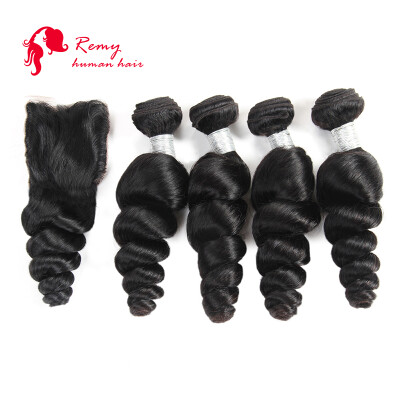 

CZ Hair Brazilian Loose wave Hair with Closure Unprocessed Virgin Human Hair 4pcs Weft with 1pc Free Part Lace closure Natural Col